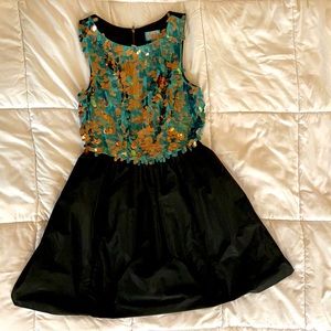 Anthropologie gold and blue sequins party dress.